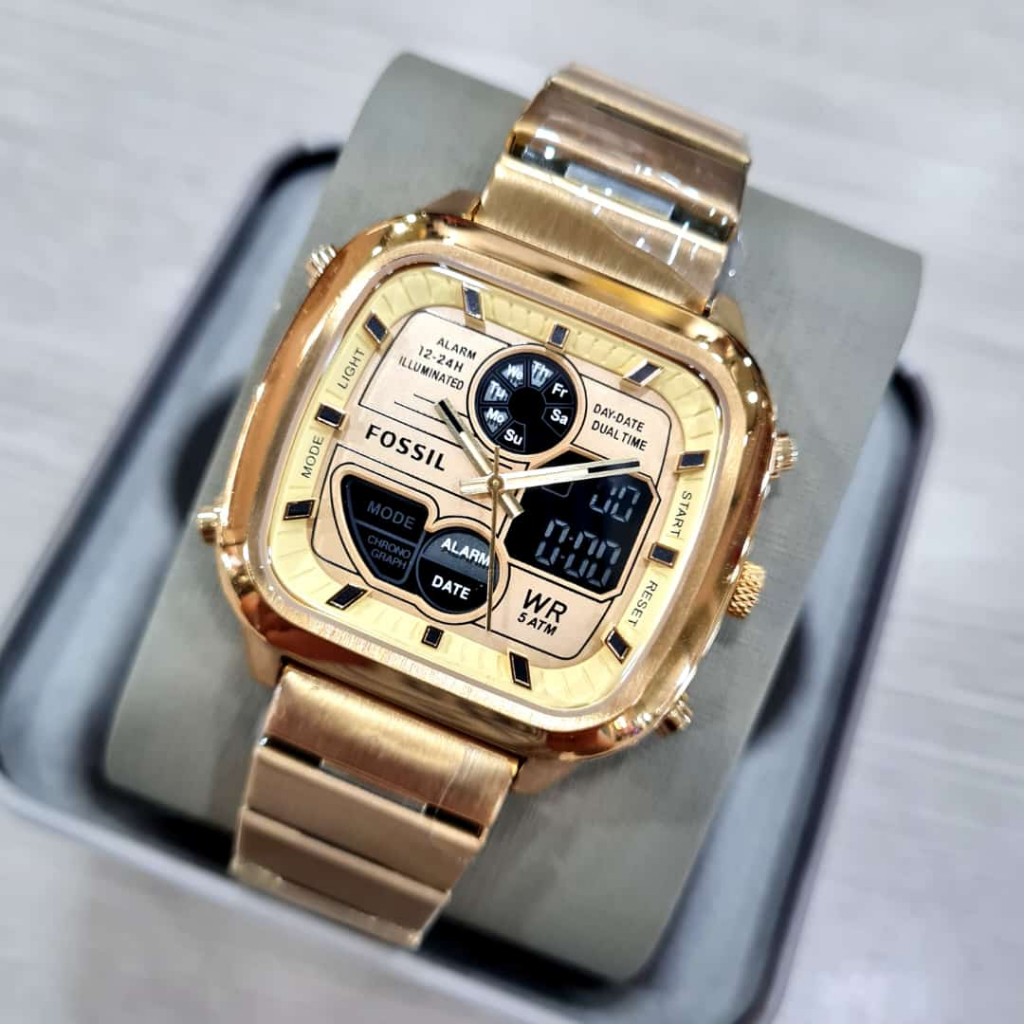 Jam Tangan FS Possil Restro Double Time Analog-Digital 5889 Stainless Original