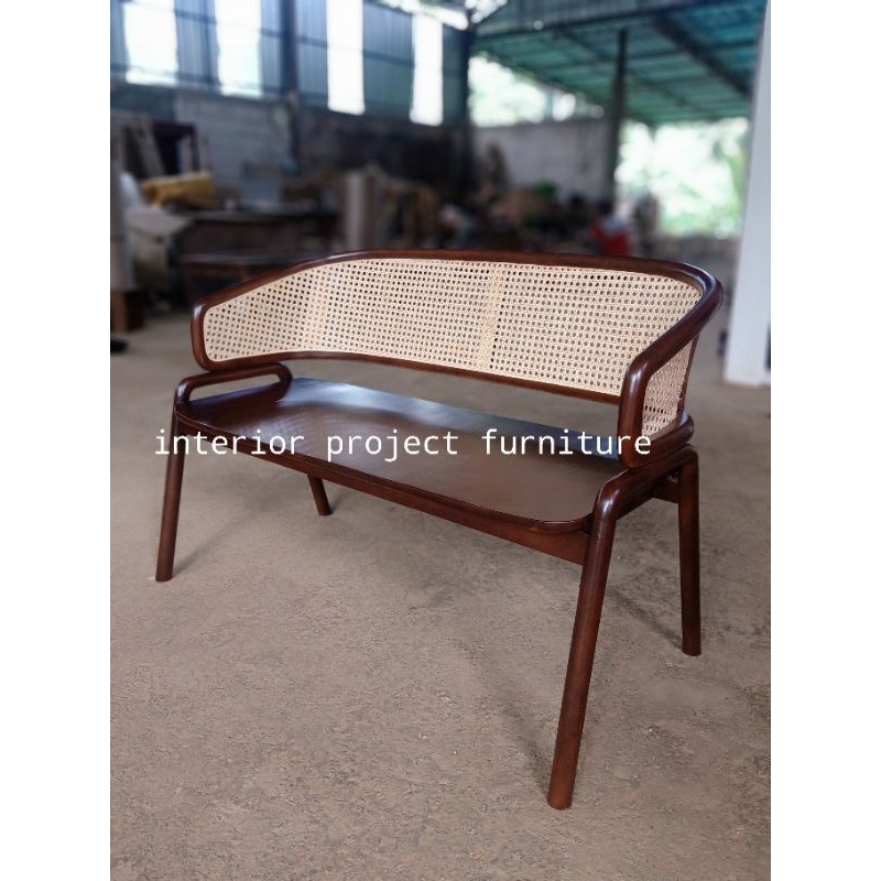 Bench bangku kayu jati minimalis rotan, bangku minimalis scandinavian rotan kayu jati