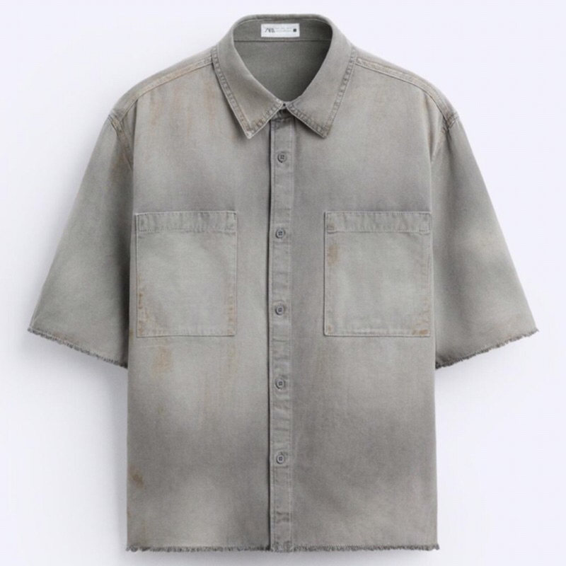 ZARA Men Acid Wash Denim Shirt Kemeja Pria Lengan Pendek Dark Grey