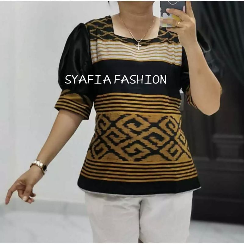 blus tenun atasan kantor lengan balon kombinasi polos toyobo