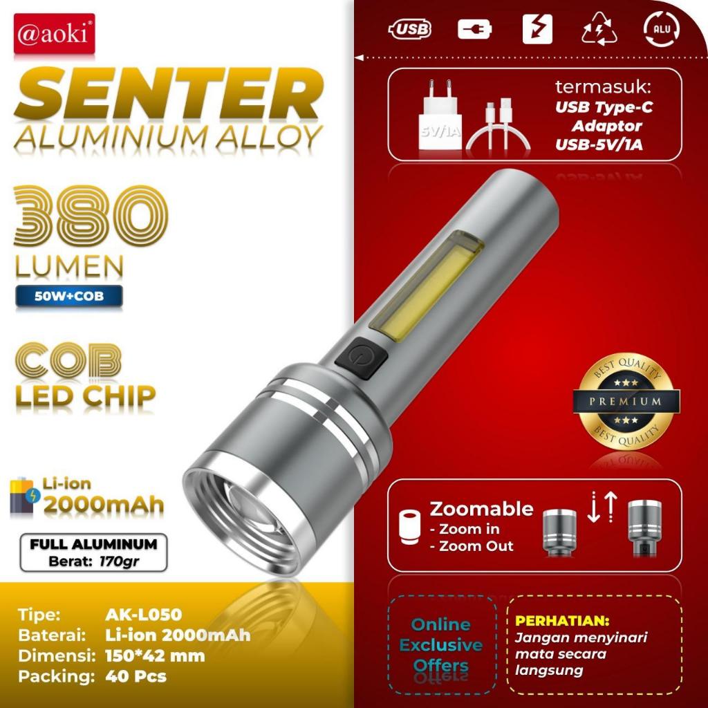 Senter Tangan LED 50W / 30W + COB Led Chip 380Lumen / 220 Lumen AOKI AK-L050 / AOKI AK-L030 Senter A