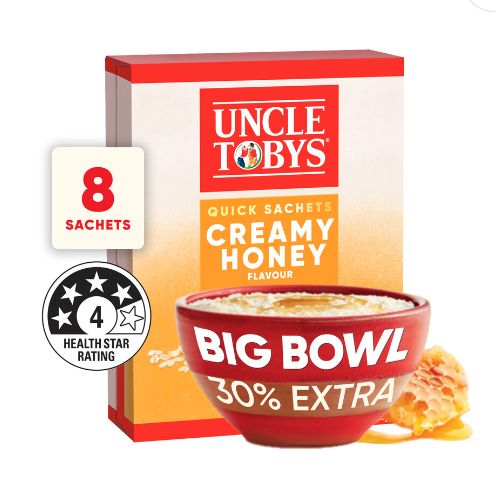 

Uncle Tobys Oats Quick Sachets Breakfast Cereal Creamy Honey Big Bowl | 368g