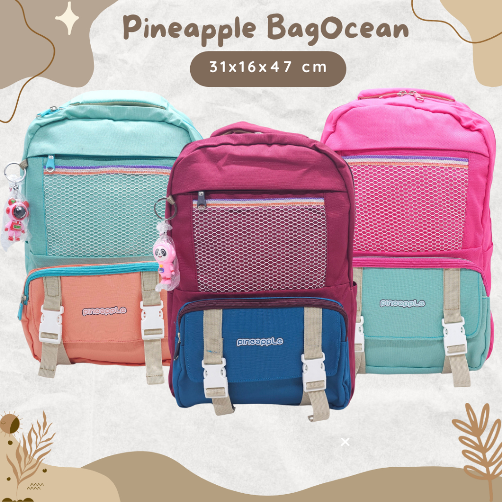 Tas PineApple Kain Kanvas Motif Jaring Free Gantungan Kunci Mix 2 Warna 18 Inchi 5 Ruang Import Ring