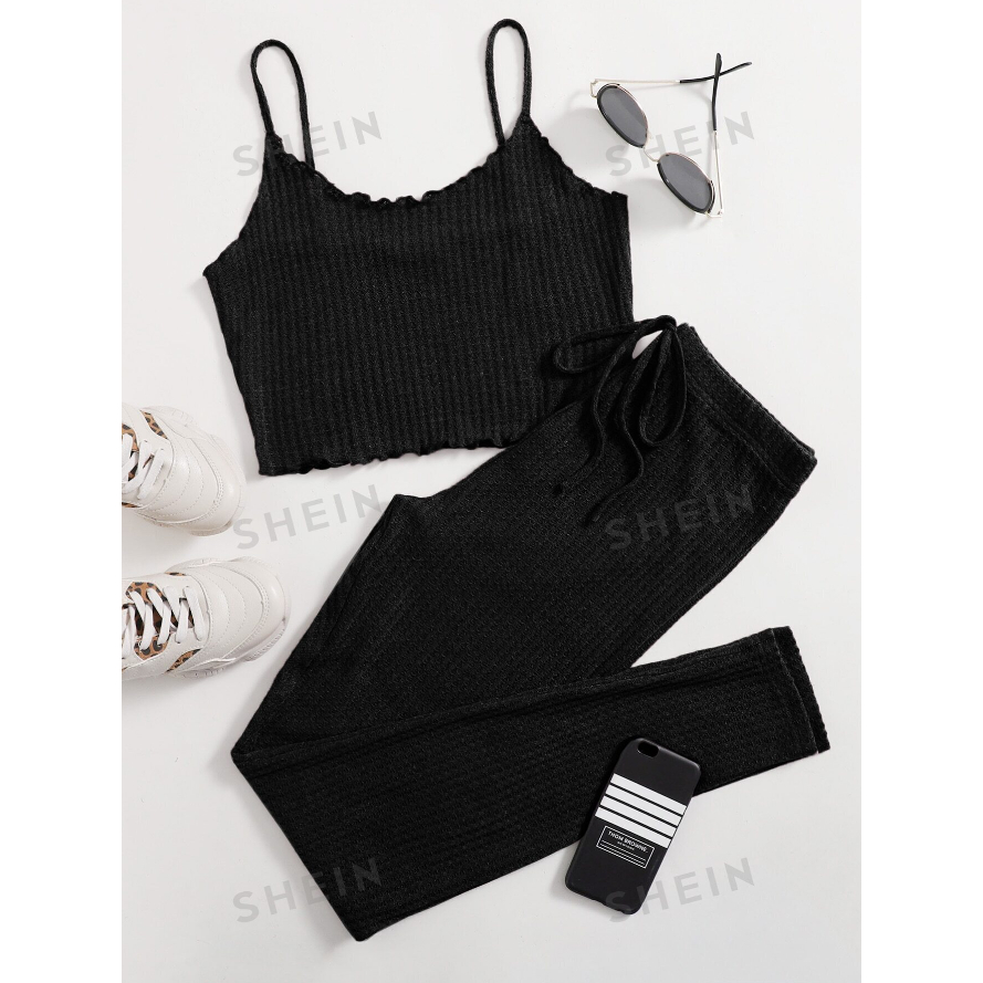 SHEIN EZwear Lettuce Edge Waffle Knit Cami Top & Leggings Set