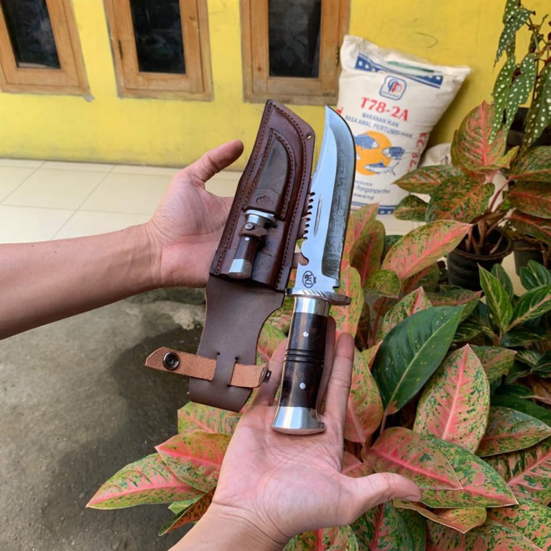 pisau survival sarung kulit sapi baja per sepuh asli