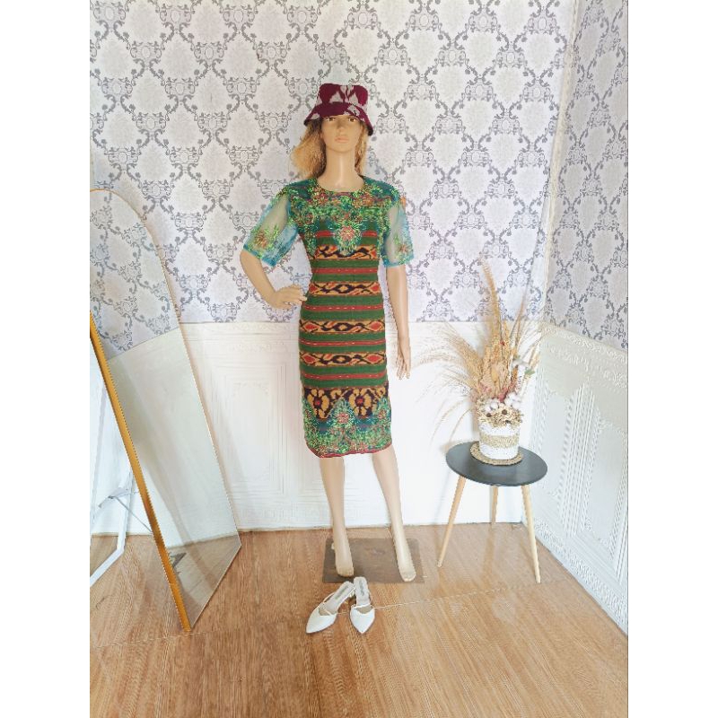 dress tenun Jepara warna hijau lasem