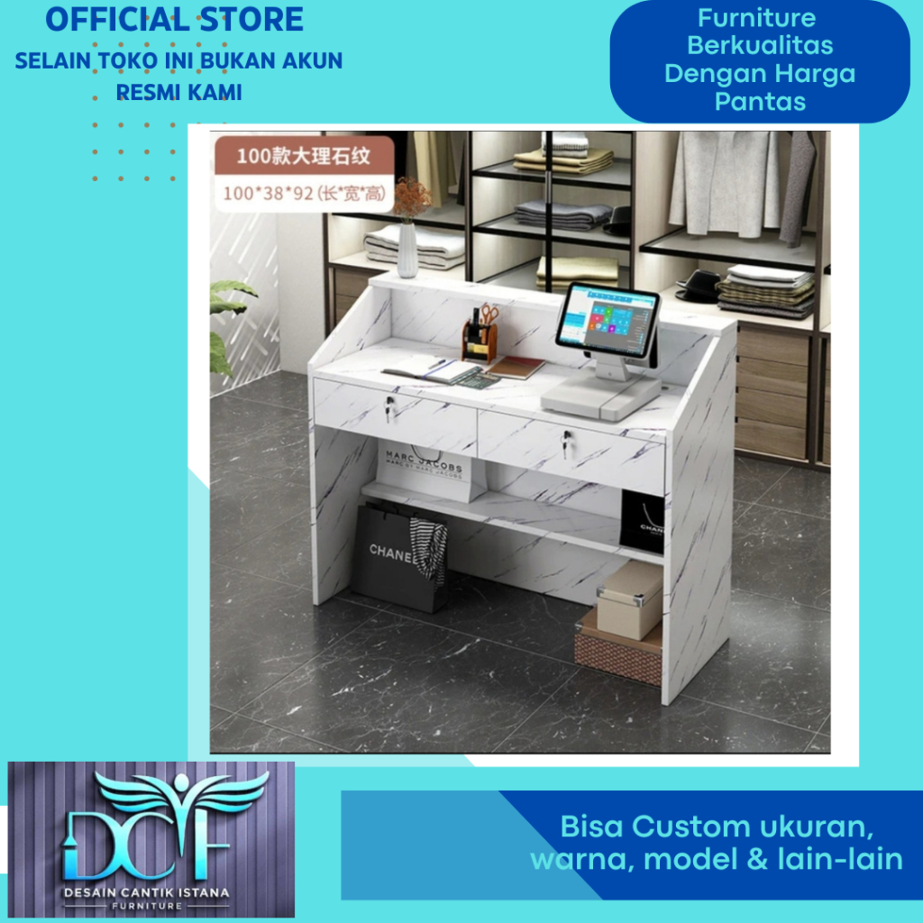 Meja Kasir 2 Laci Cabinet Minimalis Motif Marmer Putih