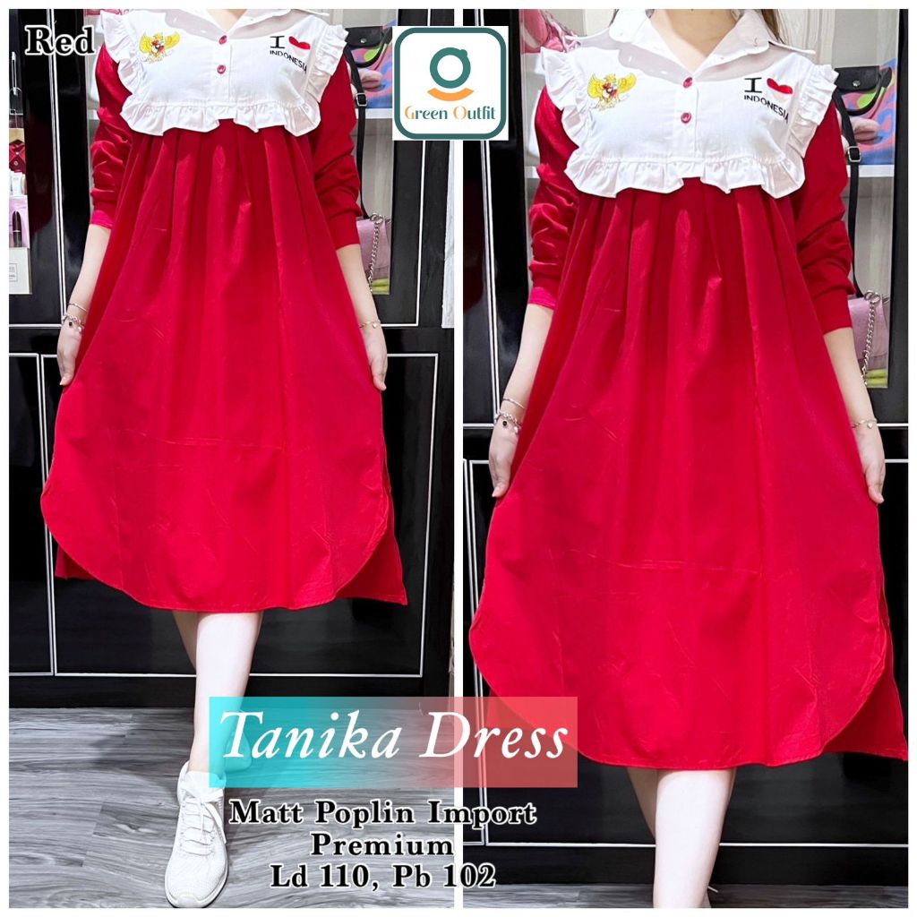 Tanik baju dress long tunik tunic wanita muslim jumbo ld 110 katun merah putih agustusan kemerdekaan