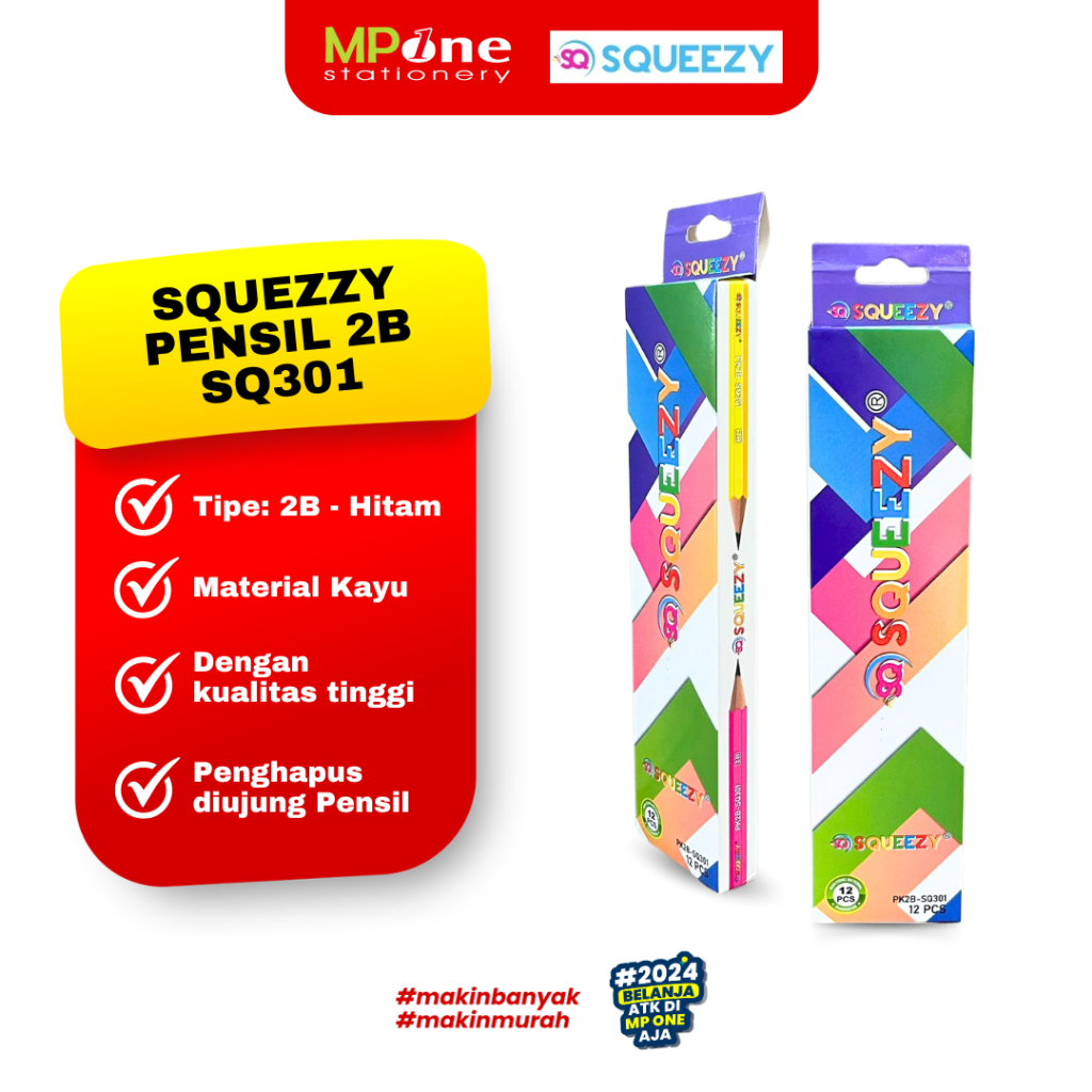 

(1 KOTAK) Squeezy Pensil Color Full 2B + Penghapus SQ301 / Pensil Siap Pakai dan Penghapus Colorful Neon Squeezy 2B SQ-301 Isi 12PCS