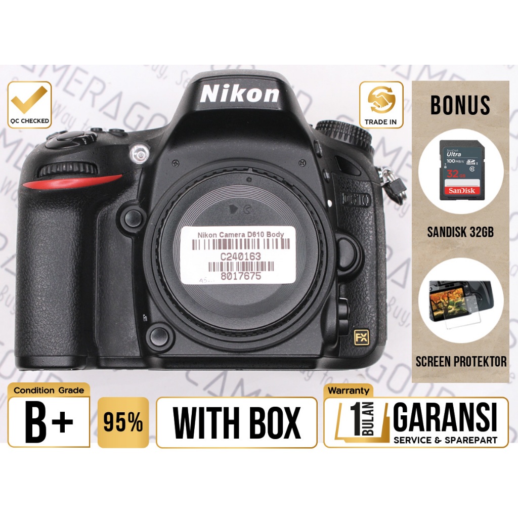 Nikon D610 DSLR Full Frame Camera Body Only - Grade B+ - C240163 Kamera Profesional Digital SLR Used
