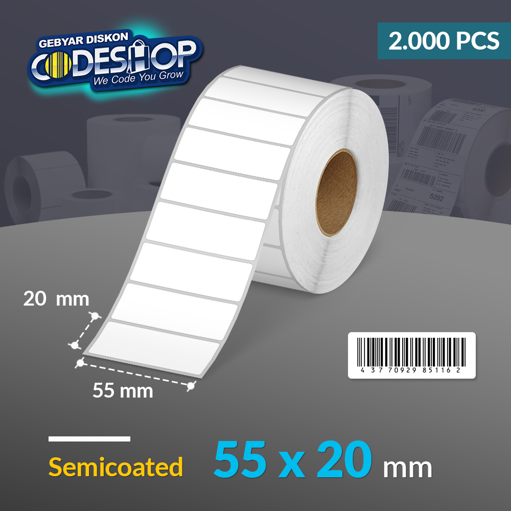 

Codeshop Label Semicoated 55 x 20 / 55x20 mm / 55x20mm 1 Line Stiker Printer Barcode Isi 2000 Pcs