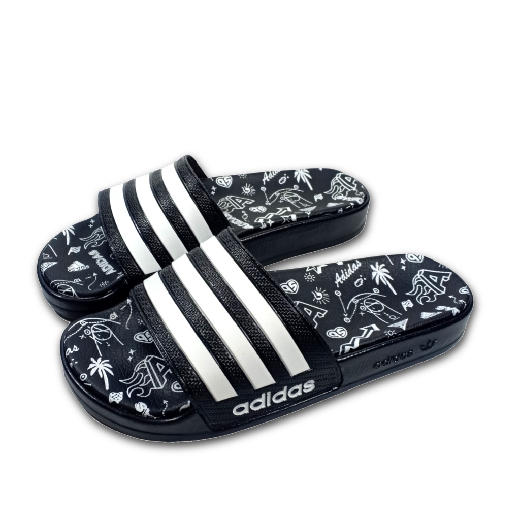 Sandal slide Casual Adidas Comfort pria wanita tipe selop slip on warna Hitam garis Putih