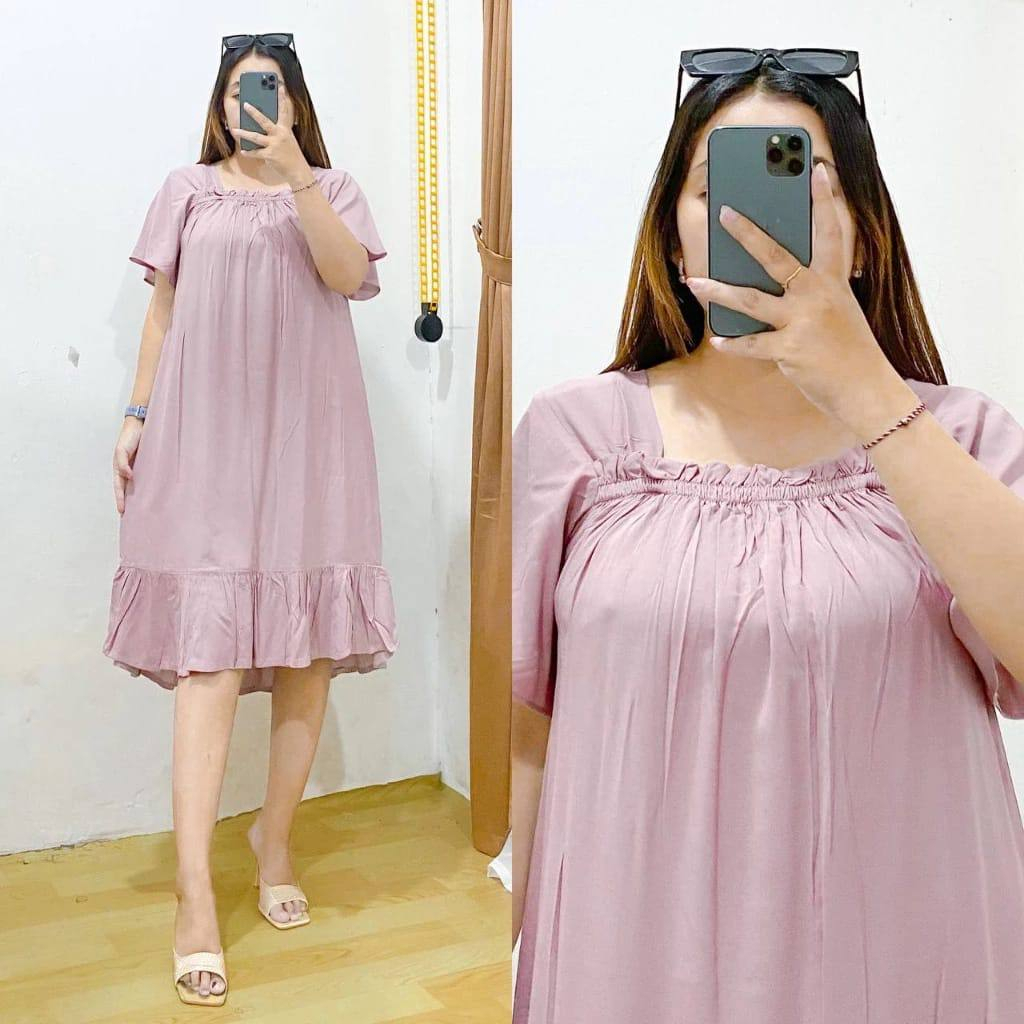 Fuji dres lengan pendek baju langsungan wanita polos // baju dres wanita // midi dres