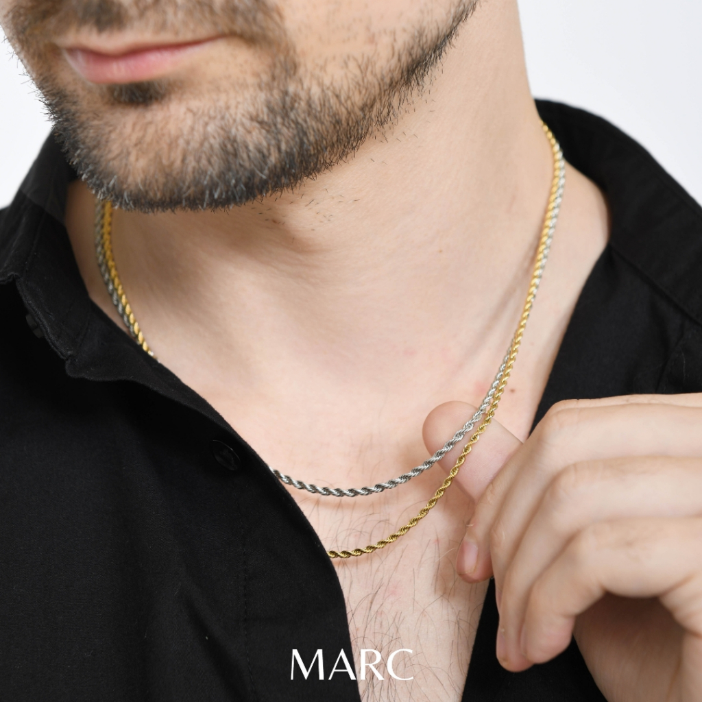 Kalung Pria Titanium Tambang Tipis Anti Karat Luntur Silver Gold Emas / Kalung Titanium Pia Tambang 