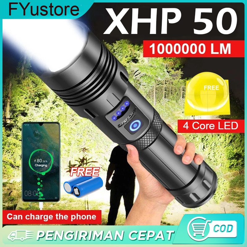 FYustore Paket lengkap Senter LED Tactical 100000 Lumens Xhp 50 - Kualitas Cahaya Super Terang/sente