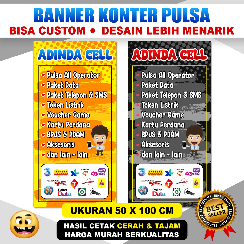 BELI 1 DAPAT 2 BANNER SPANDUK KONTER PULSA LUCU DAFTAR HARGA KUOTA UKURAN 50X100 CM