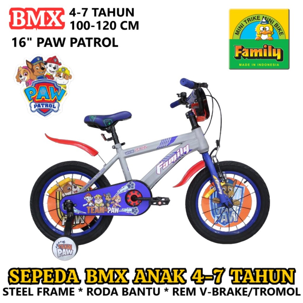 Sepeda Anak Family Paw Patrol BMX 2-7 Tahun 12 16 Inci Steel OPC The Classic BMX Crank Laki-Laki