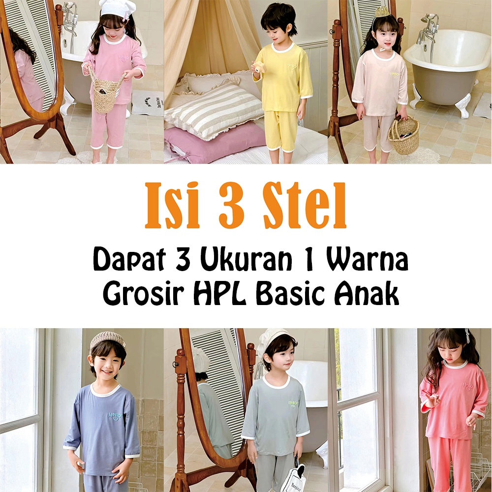 Isi 3 Stel Setelan HPL Basic Lengan Panjang Celana Selutut/ Khusus Grosir Baju Tidur Anak Piyama / T