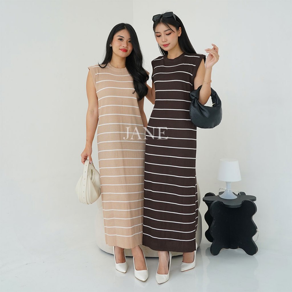 JANE | Inner Long Dress Panjang Wanita Strip Hitam Bodycon Garis Knit Jumbo Casual Maxi Dress Frida