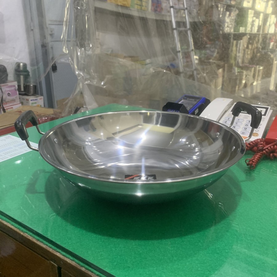 36CM Wajan stainless steel Premium Wajan Penggorengan Kuali Wok Pan Pan Gagang Stainless Steel Wajan