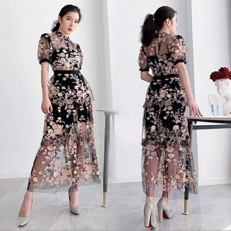 sleeve black dress hitam bunga korean paris parisian europe eropa vintage klasik classic Long dress 