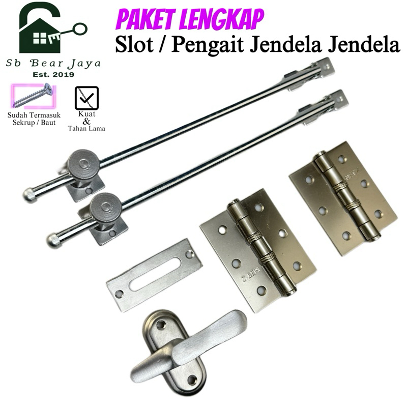 Paket Pasang Jendela Rumah - Rambuncis Kunci Jendela - Engsel Jendela rumah - penahan jendela rumah 