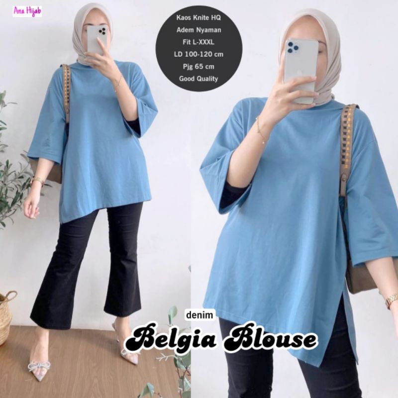 Atasan Polos Belgia Jumbo Blouse Bahan Kaos Knit Allsize LD100 Melar 120 By Ana Hijab