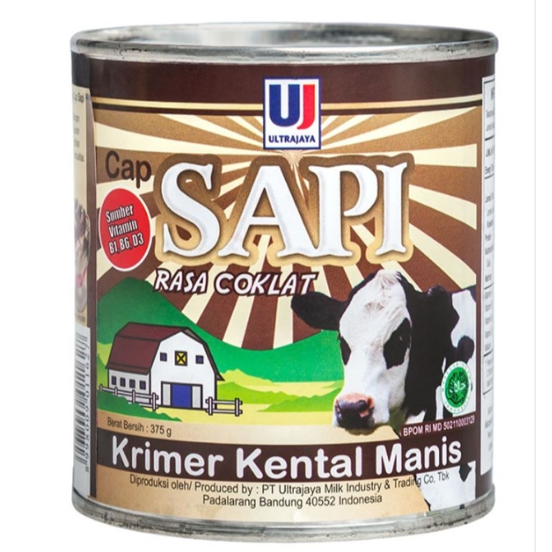 

Ultra Jaya Cap sapi krimer kental manis 375 gram cokelat