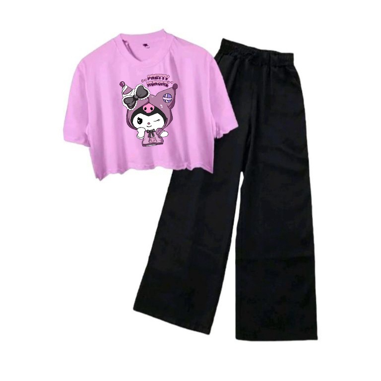 KODE I36Q Setelan Oversize Crop Top Kulot Anak Perempuan Karakter Kuromi Cinnamoroll Lotso Stitch Vi