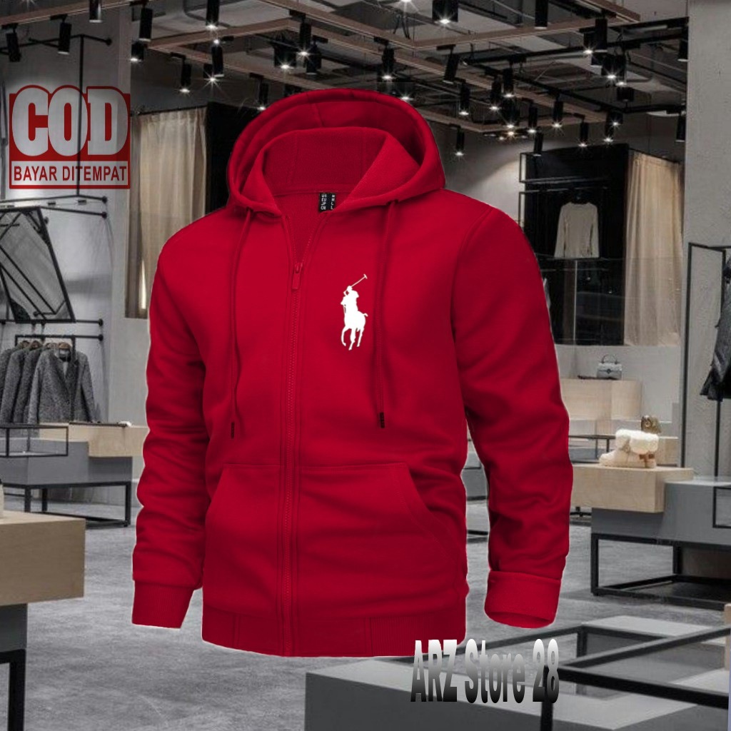 Terlaris !!! Fre Jaket Text Resleting Putih Logo Polo Sweater Distro Terbaru Hoodie Termurah Pakaian