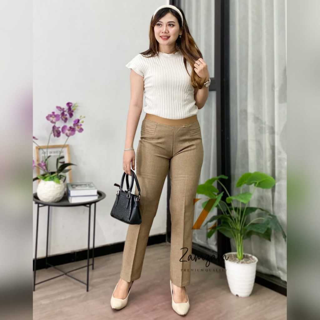 Celana Wanita Panjang Pinggang Karet Kekinian Celana Kantor Bahan jumbo8