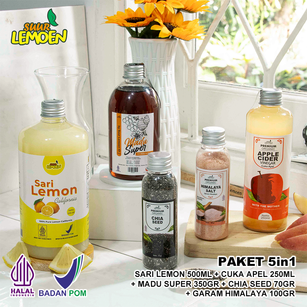 

Suur Lemoen Paket Diet 5in1 - Paket Cuka Apel, Sari Lemon, Chia Seed, Madu Hutan, Garam Himalaya