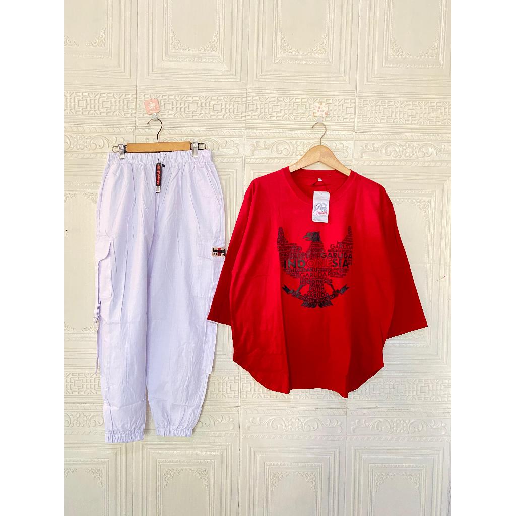 Baju Dewasa Wanita One Set Cewek Kemerdekaan Setelan Kaos Wanita  Jumbo Merah Putih // Set Cel Kaos 