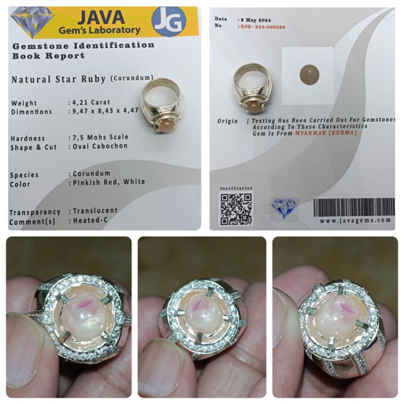 Natural Ruby star Burma 4,2 ct memo GLI Ring Perak mewah