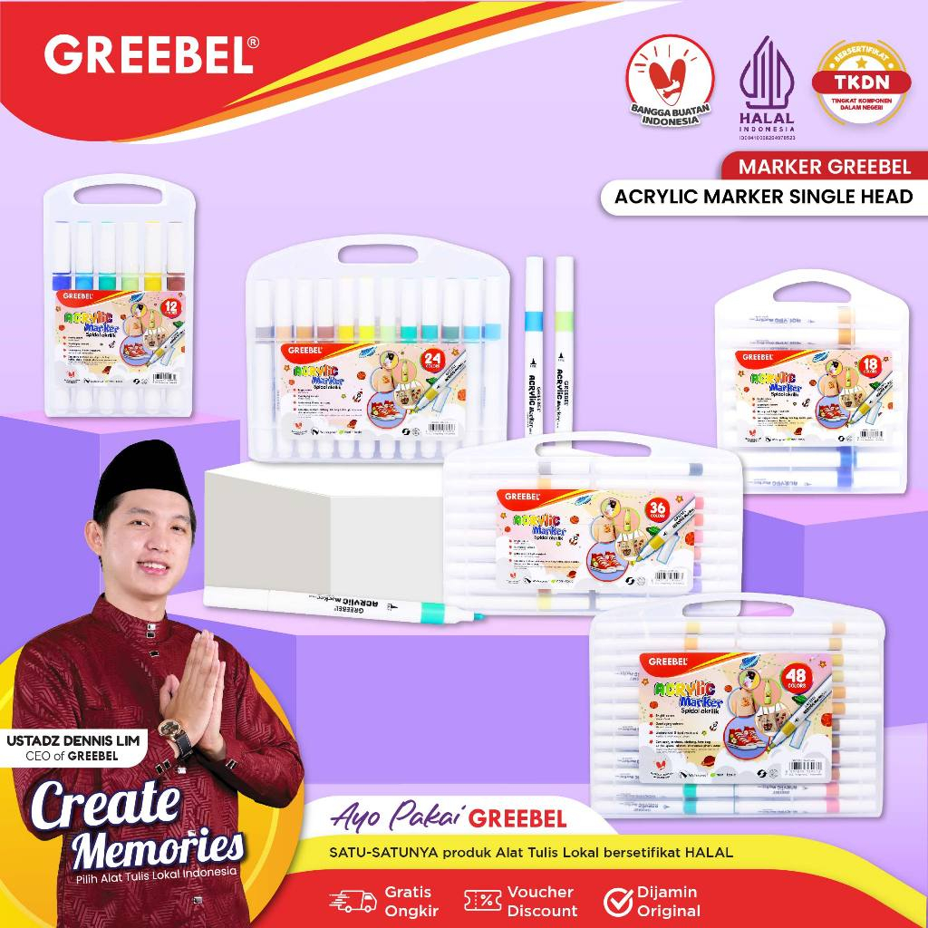 

Greebel Acrylic Marker Single Head 12 - 18 - 24 - 36 -48 Warna - Spidol Set Greebel