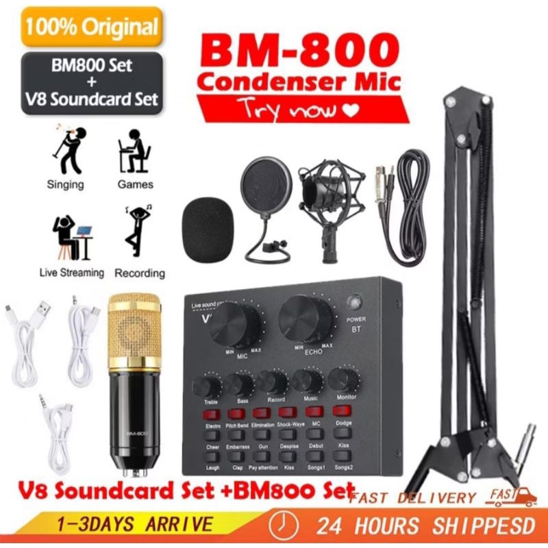 Soundcard V8/PAKET KUMPLIT MIC CONDENSER BM800+ STAND + SOUNDCARD V8 + SPLITTER