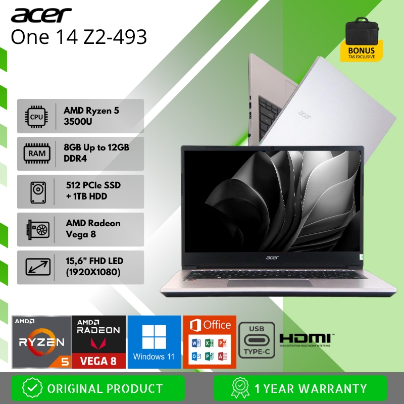 ACER ONE 3 Z2-493 15"HD RYZEN 3-3500U 12GB SSD 512GB M.2 + 1TB HDD AMD RADEON Vega 8 GRAPHICS FREE I