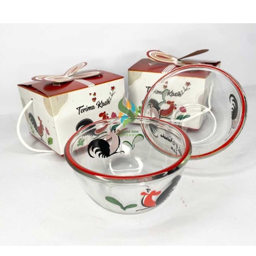 Souvenir Mangkuk Kaca BIB3.75B Motif Ayam Jago Betina Mangkok Beling Sablon Kemas Box Motif Ayam