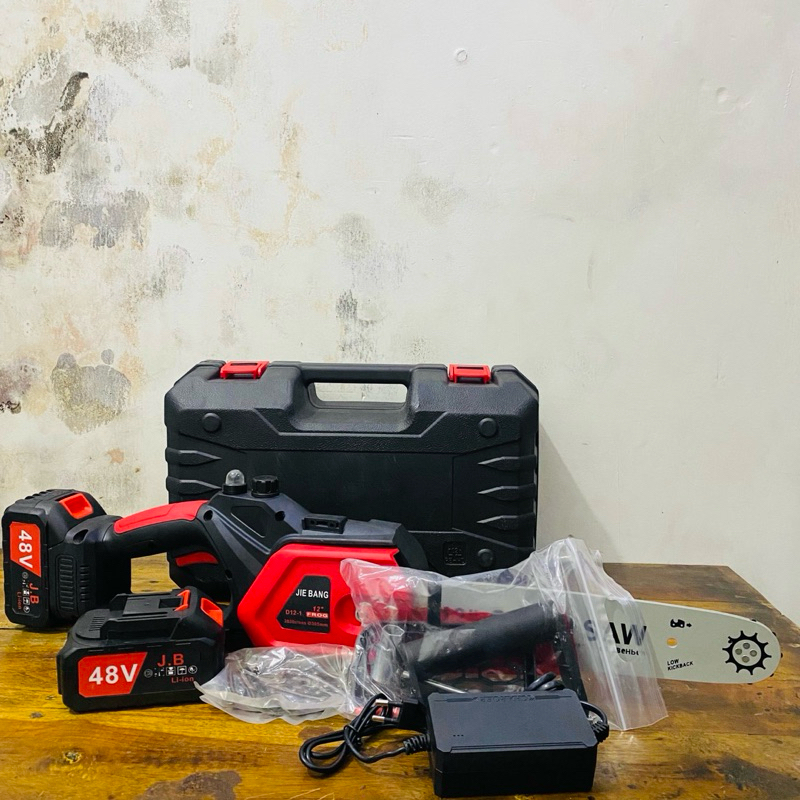 Mesin Pemotong Kayu Elektrik 12 Inch Portable Chain Saw Cordless Sinso F8771 Paket Set 2 Batre Cas J