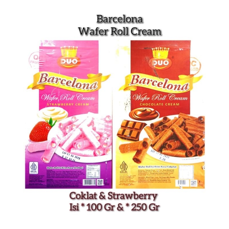 

Wafer Roll Cream by Barcelona Chocolate Cream & Strawberry Cream isi 100 Gram dan 250 Gram