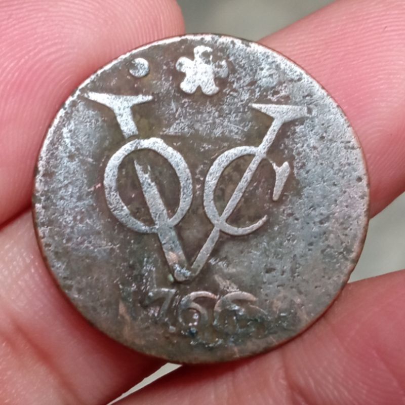 Koin Kuno VOC 1 Duit Holland 1766 variasi bunga