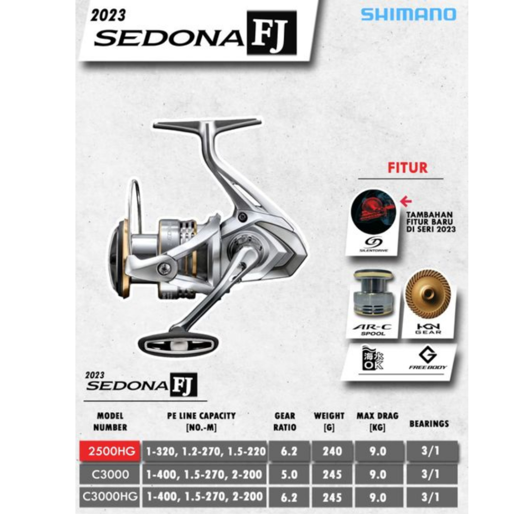 Touman Pancing Shimano Sedona FJ 2023 Reel Spinning 3+1 BB Hagane Gear SilentDrive 2500HG C3000 HG