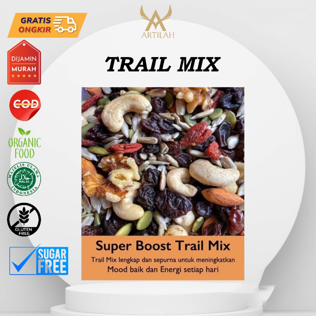 

Trail Mix Complete 100gram (Almond,walnut,sunflower,pumkin,mente,chiaseed,gojiberry,cranberry,dark raisin,golden raisin)