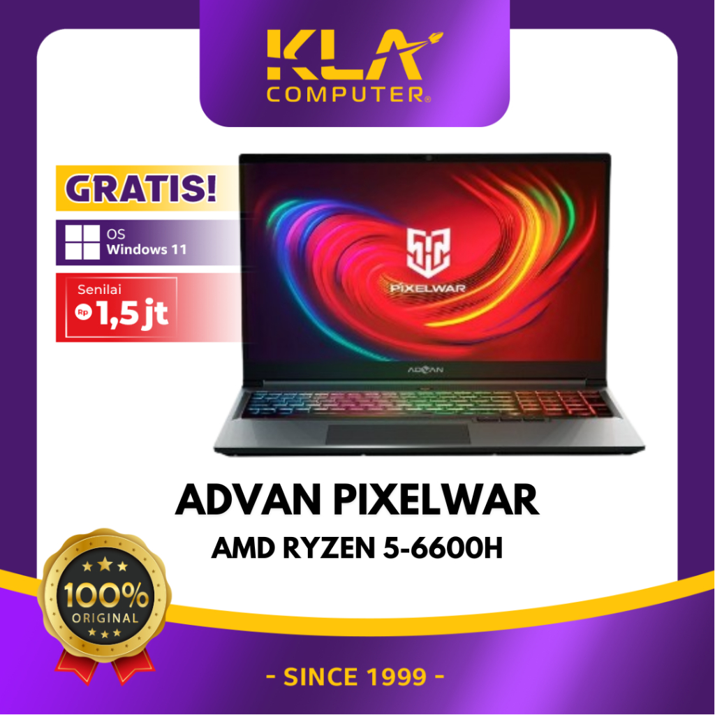 ADVAN Laptop Gaming Pixelwar AMD RYZEN 5 6600H 16” 2.5K IPS 16GB 512GB