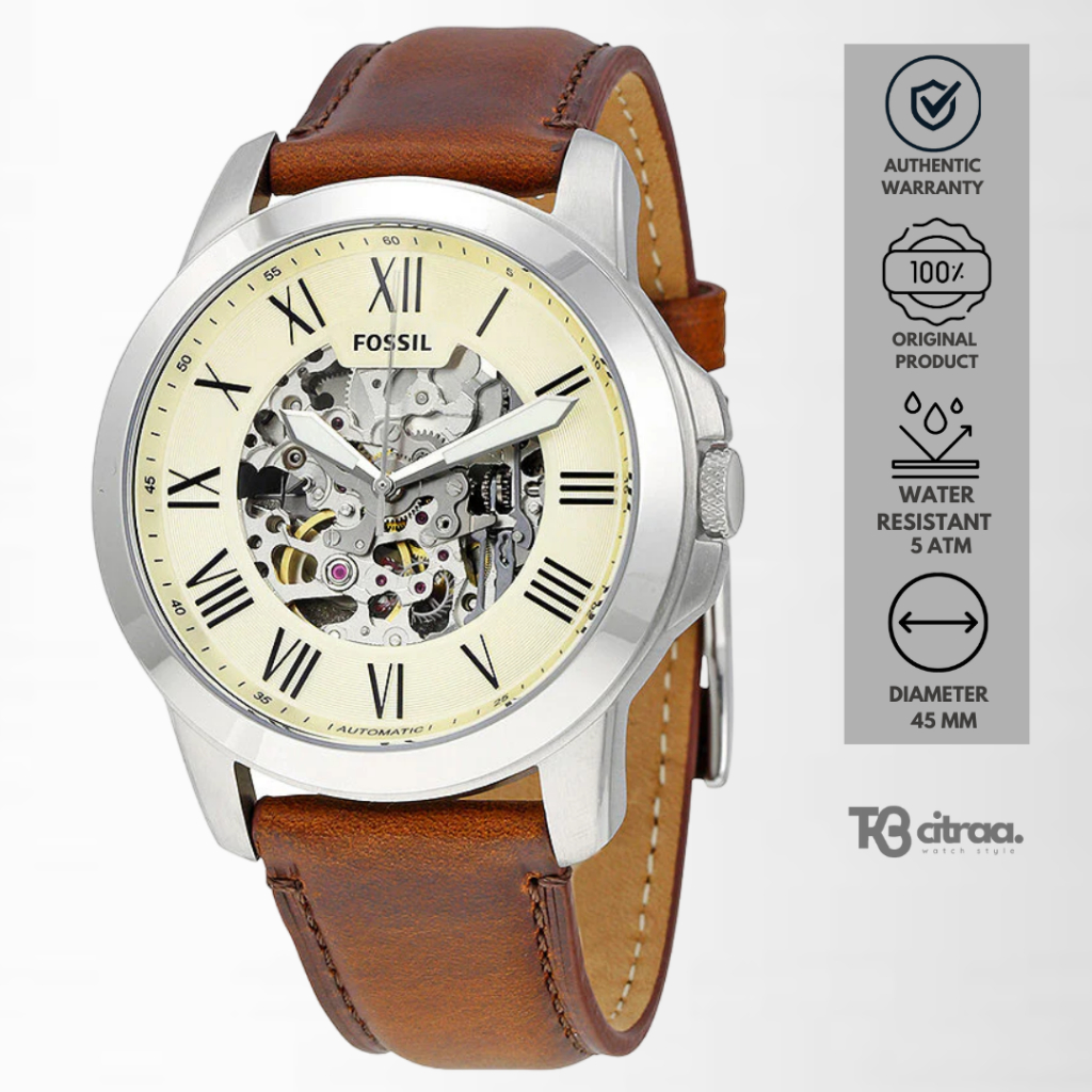jam tangan Fossil automatic pria Grant analog strap kulit cowok Beige Skeleton Dial Brown Leather St