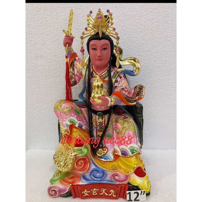 patung dewi jiu tian xuan ni/ kiu tian - kayu taiwan - 12inch - rambut asli