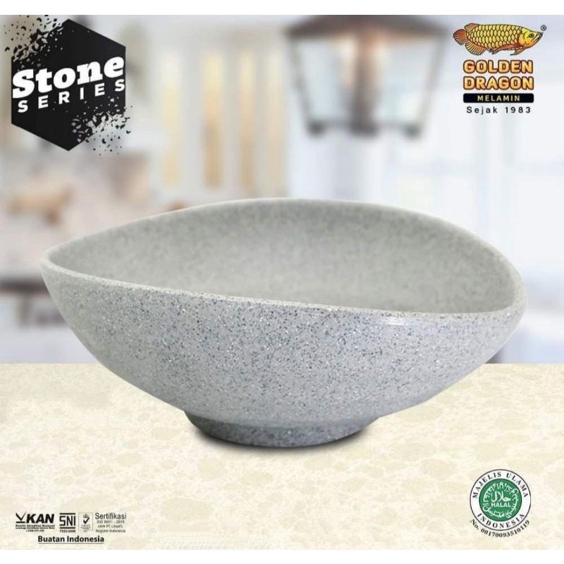 W-3406A Mangkok Tembikar Oval 6" Abu-Abu Stone Golden Dragon