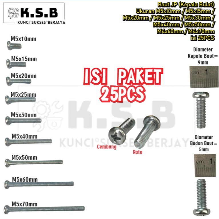 25PCS Baut JP Kepala Bulat M5x10mm / M5x15mm / M5x20mm / M5x25mm / M5x30mm / M5x40mm / M5x50mm / M5x