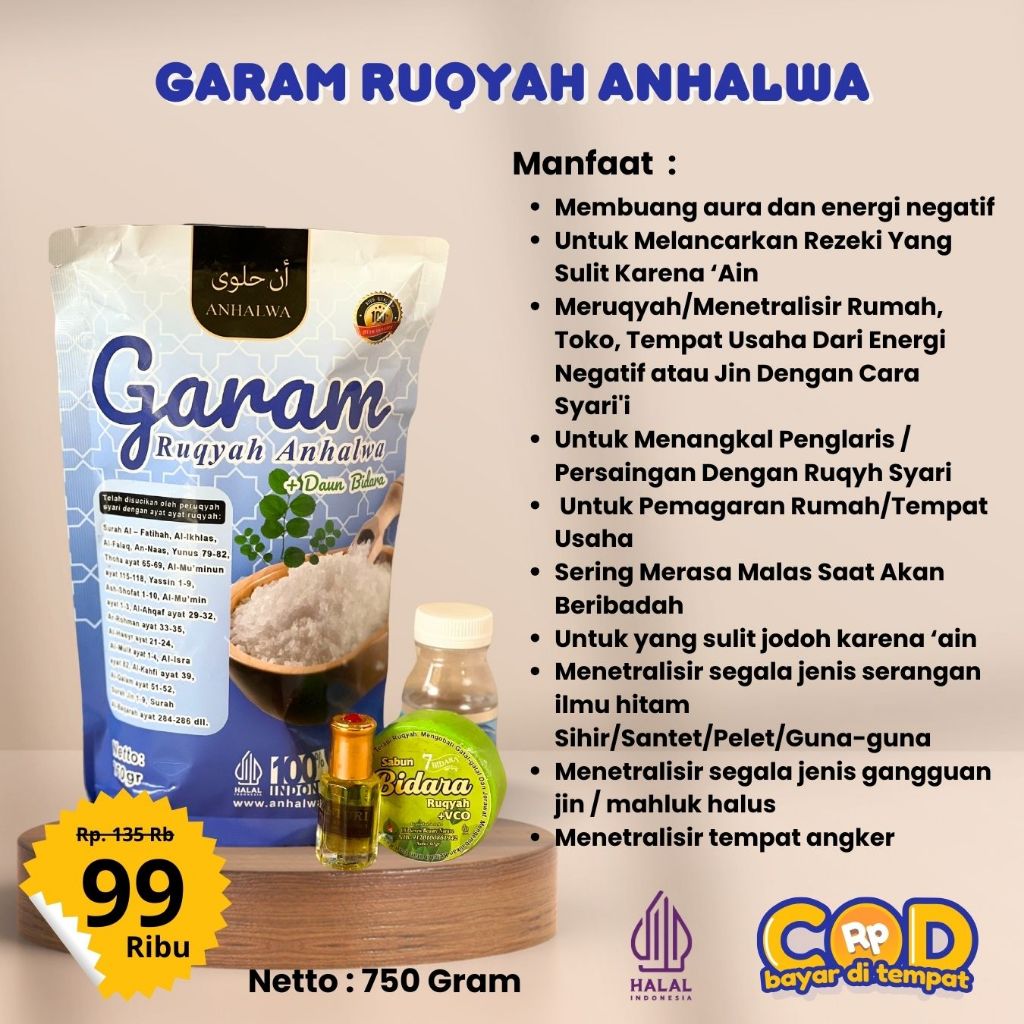 

Garam Ruqyah Anhalwa Untuk Ruqyah Mandiri Bonus Air Zam Zam Minyak Kasturi Sabun Bidara
