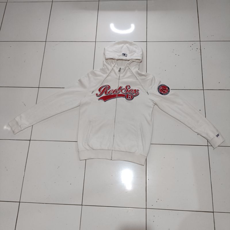 ‼️Hoodie-HOODIE MLB Putih-White Redsox Boston Ukuran XL Zipper karet karet aman Full tag secondbrand